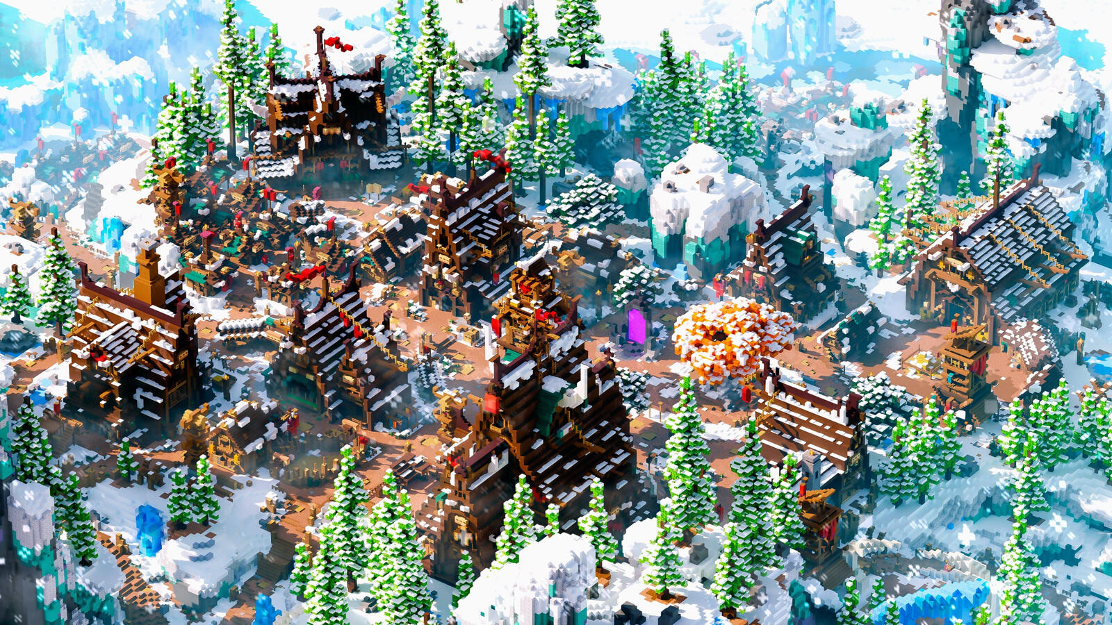 Viking village build with wooden houses covered in snow