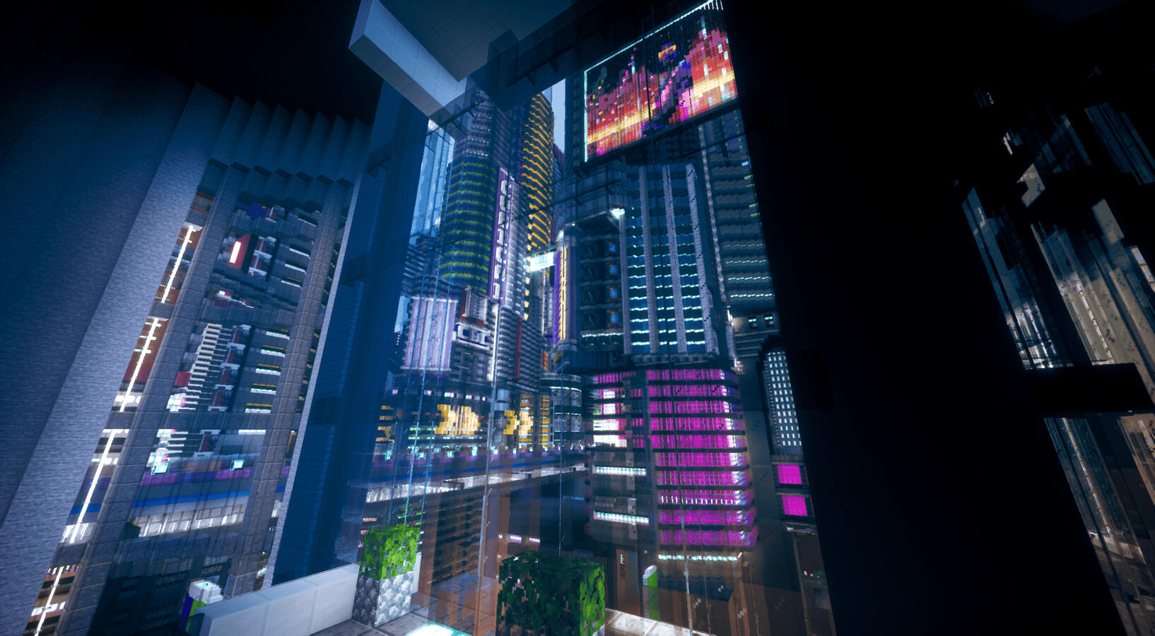 Cyberpunk build with a towering skyscrapers with neon light