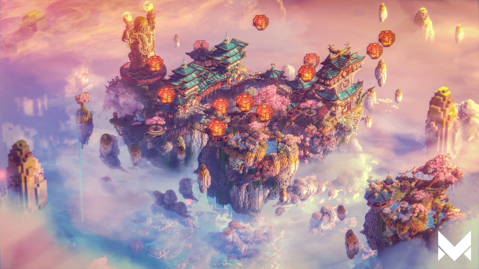 Build a serene oriental-inspired, with a towering pagoda, and a majestic golden statue believed to bring good fortune