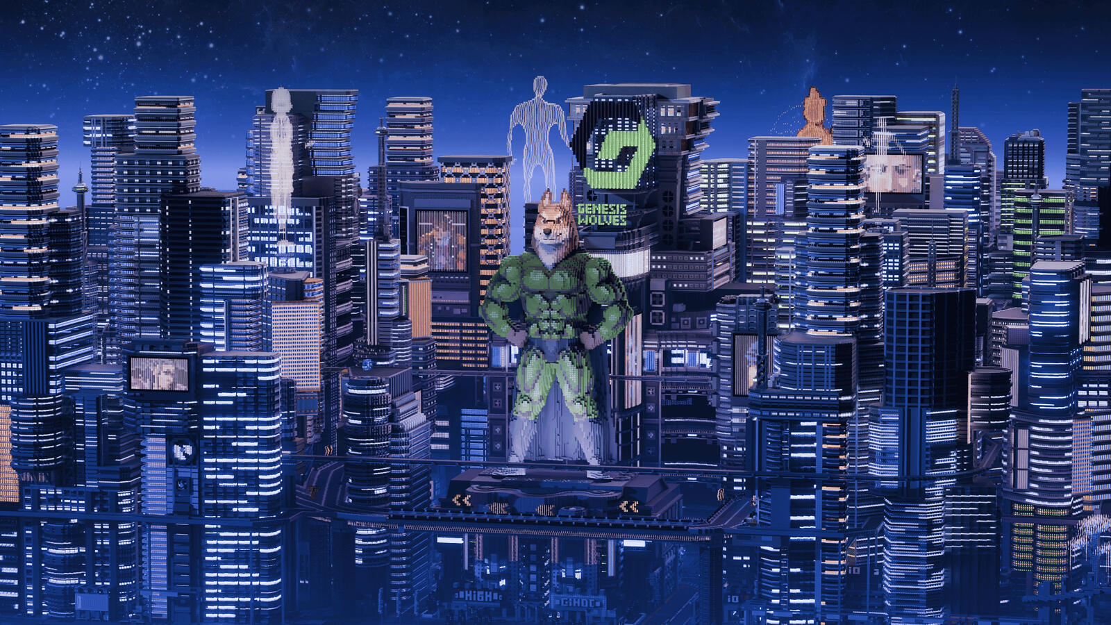 Cyberpunk build with a towering skyscrapers with neon light