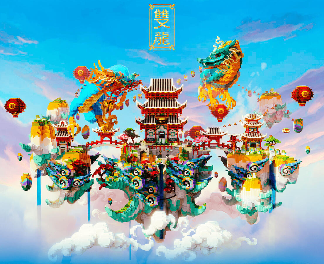 Build a vibrant oriental world with a pagodas, lampion, and dragons soaring through the sky