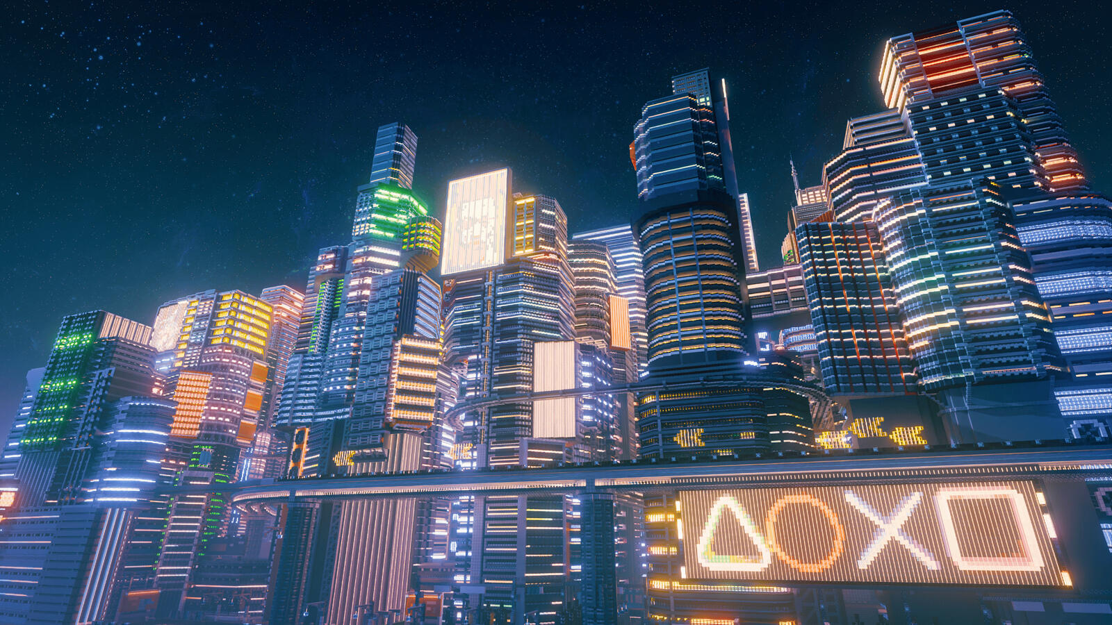 Cyberpunk build with a towering skyscrapers with neon light