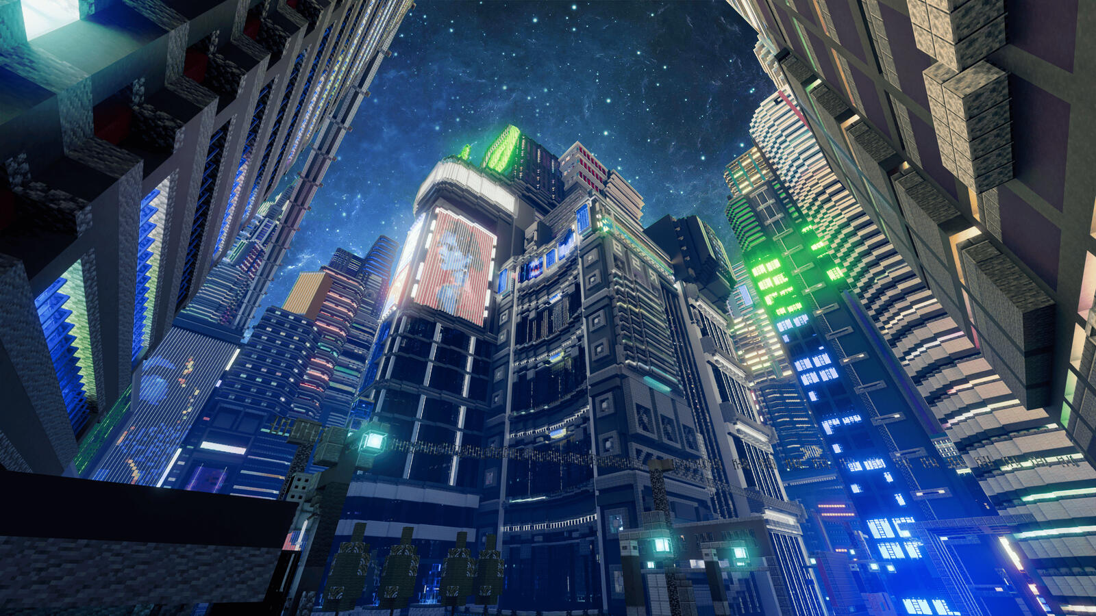 Cyberpunk build with a towering skyscrapers with neon light