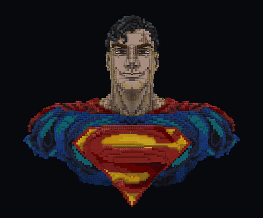 Superman build features his iconic suit, red cap, and the "S" emblem on his chest