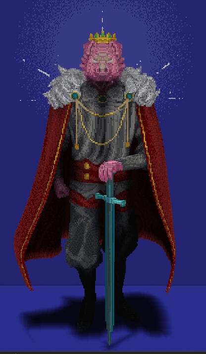 Piglin king holding a sword with a golden crown and red cape