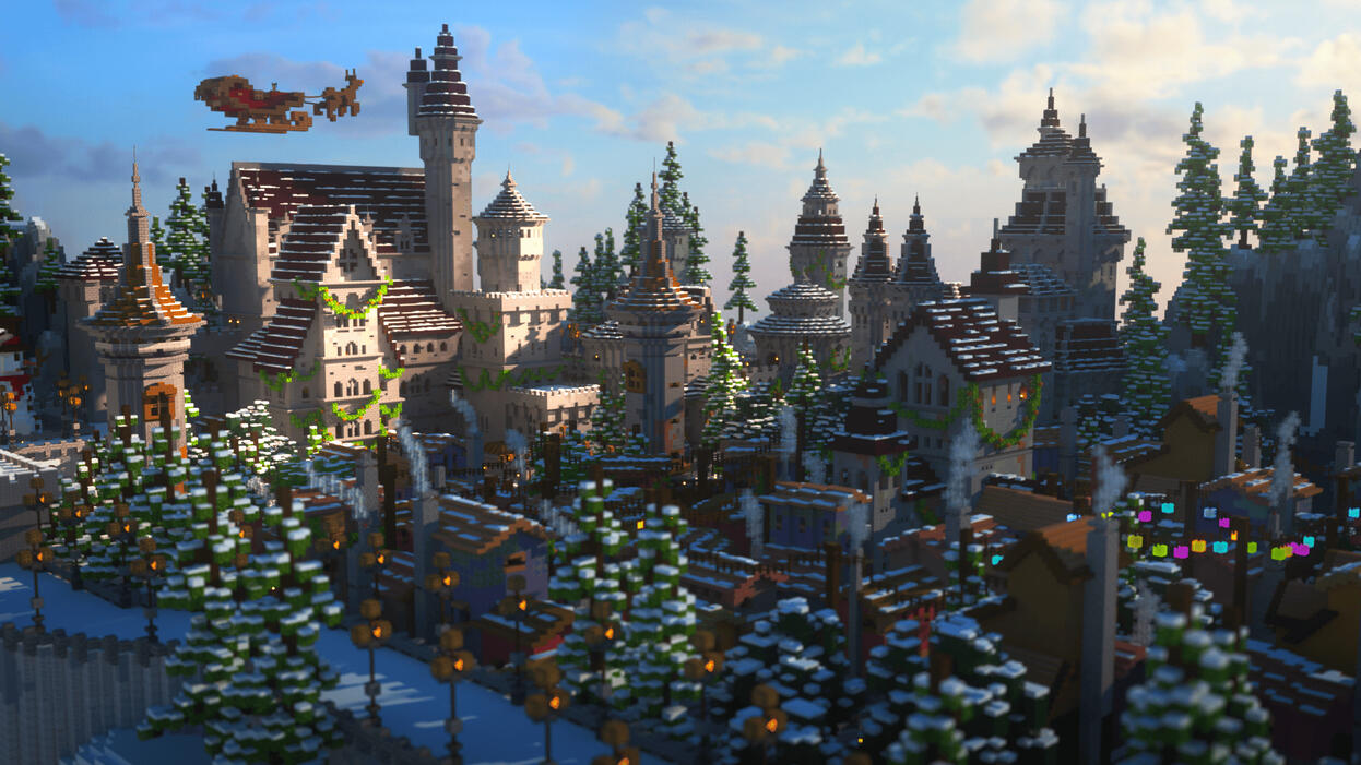A charming village enveloped in the warm glow of Christmas light, with a Santa's sleigh soaring through the sky