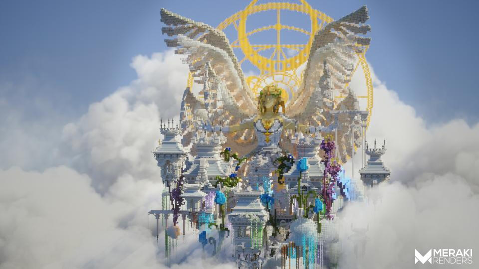 A peaceful heavenly realm, guarded by an angelic beings