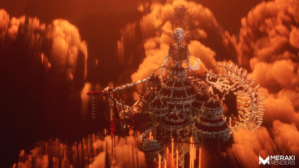 A fiery inferno of a hellish realm, dominated by a towering demonic citadel.