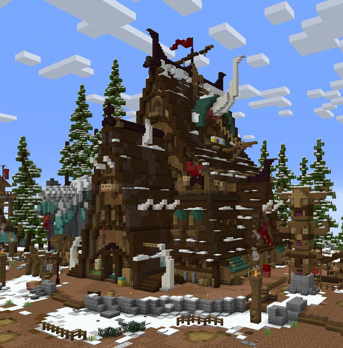 Viking longhouse with a long, sloping roof and wooden walls