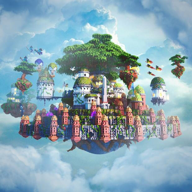 Floating castle in the sky suspended by mysterious forces