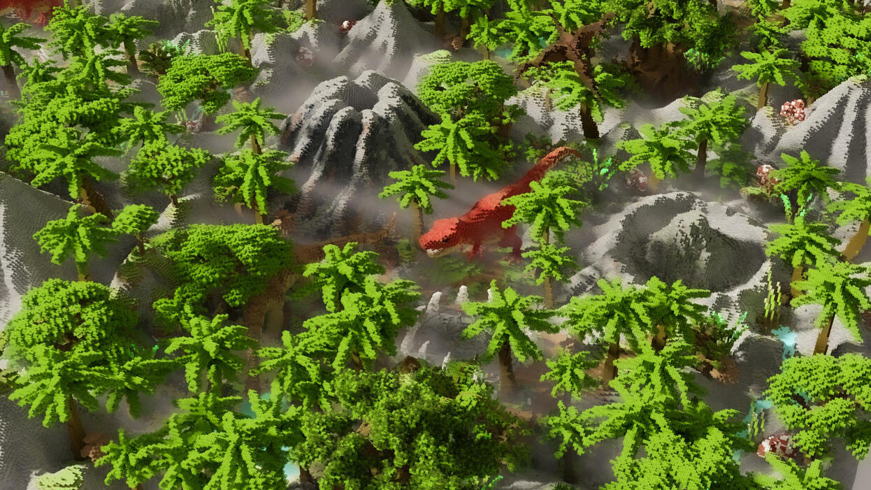 A prehistoric world build filled with dinosaurs, lush vegetation and volcanoes
