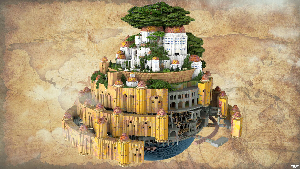 A floating island city, Laputa, hovering in the sky
