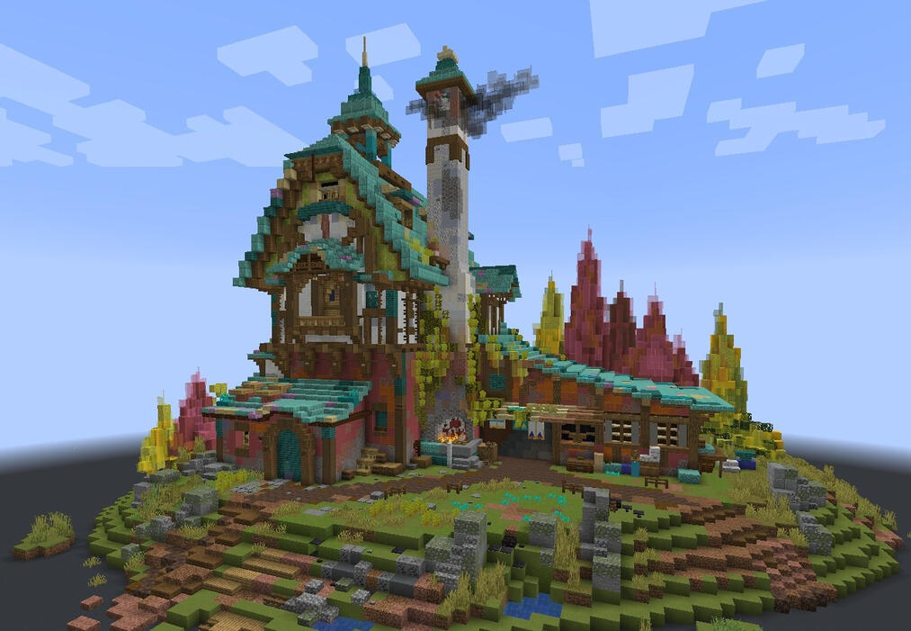 Cozy medieval cottage nestled in a vibrant autumn forest