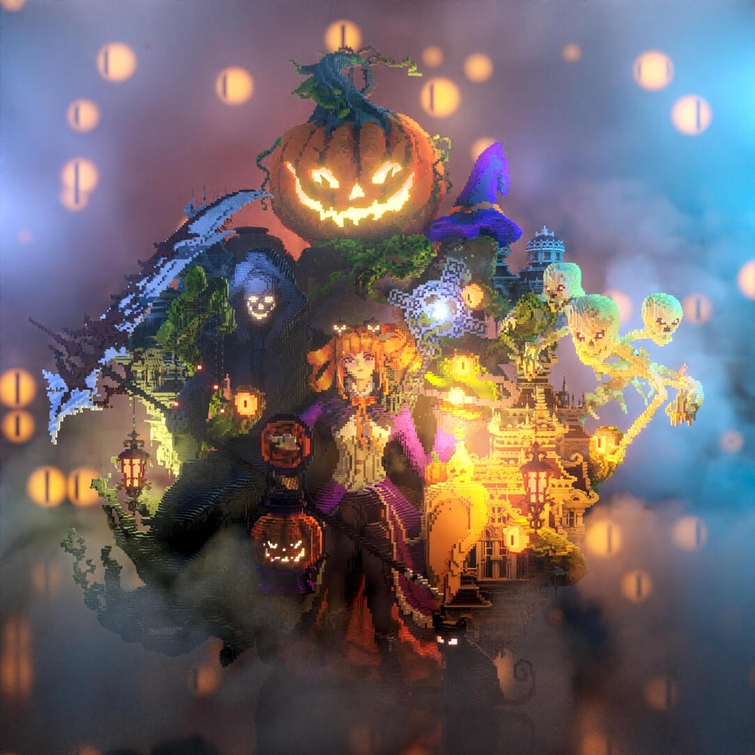 Spooky Halloween scene with a witch, pumpkins, and a haunted house.