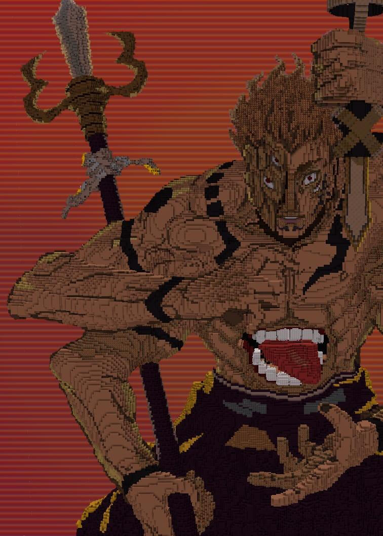 Ryomen Sukuna build featuring his fearsome appearance with multiple eyes and tattoos