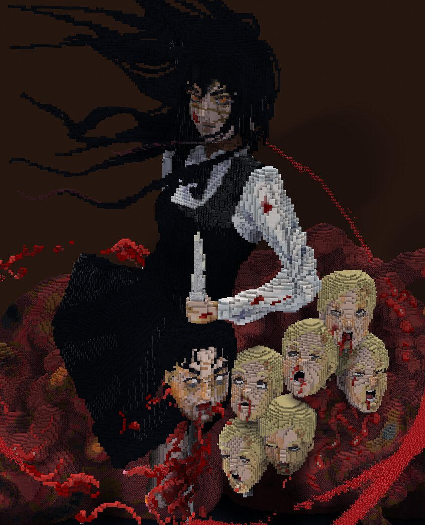 Asa Mitaka build in her uniform and standing over a pile of severed heads