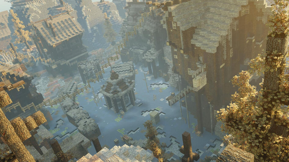 A forgotten village, its buildings crumbling and streets overgrown, a haunting reminder of a lost community