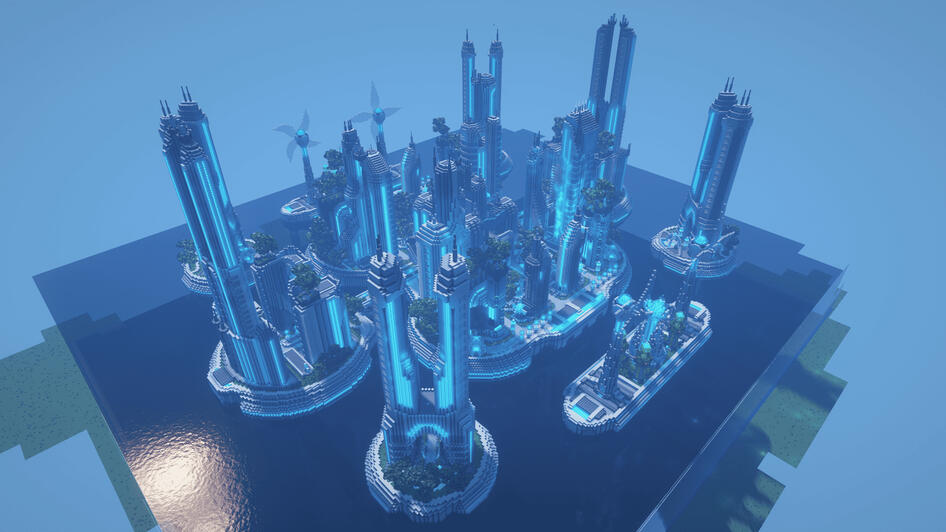 A sci-fi city built on floating islands.