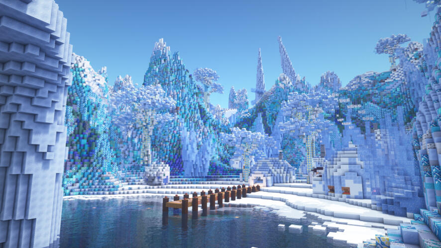 A stunning ice castle, its spires reaching towards the sky, dominates a frozen landscape