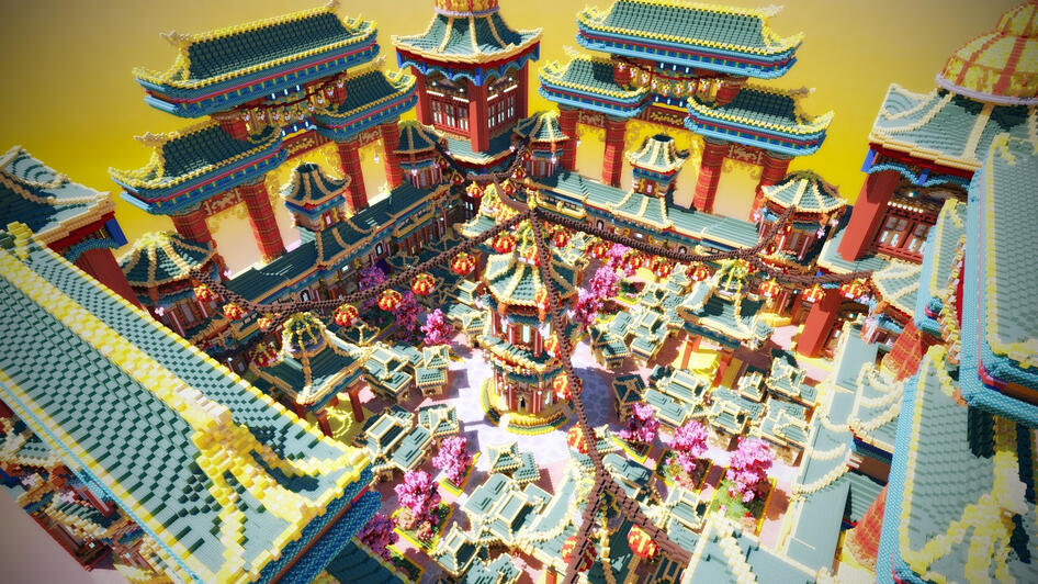 Vibrant Chinese city with colorful temples and decorations.