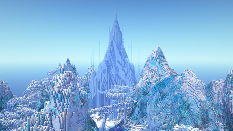 A stunning ice castle, its spires reaching towards the sky, dominates a frozen landscape