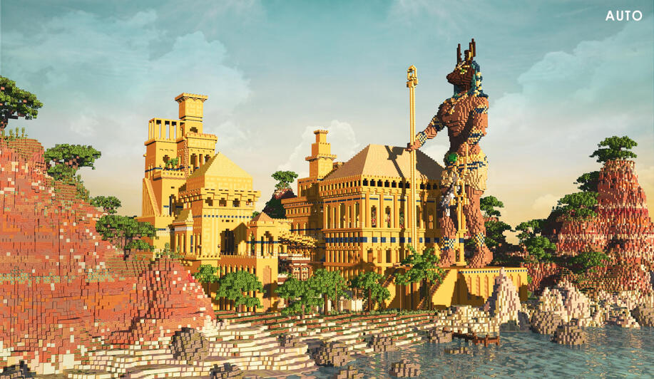 Grand Egyptian palace with a giant Anubis statue overlooking the sea