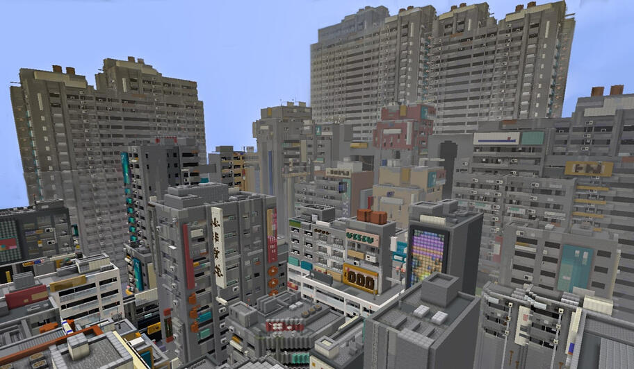 Bustling cityscape with densely packed high-rise buildings