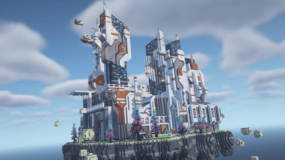 A cool floating city with tall buildings and bright lights