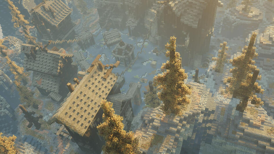 A forgotten village, its buildings crumbling and streets overgrown, a haunting reminder of a lost community