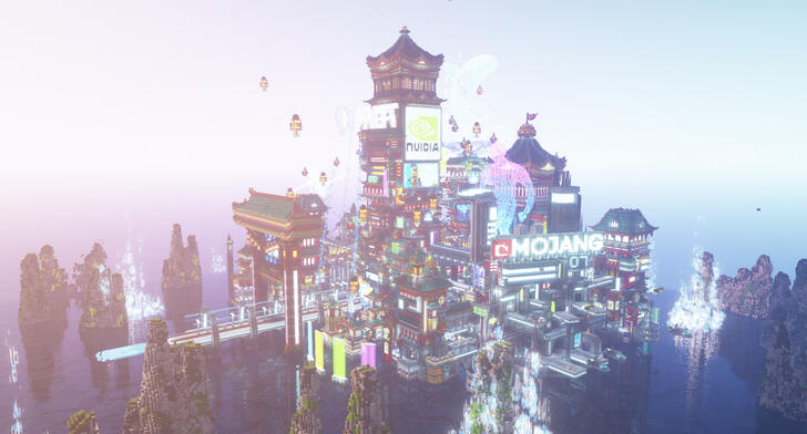 A futuristic metropolis blending traditional oriental architecture with cyberpunk technology.