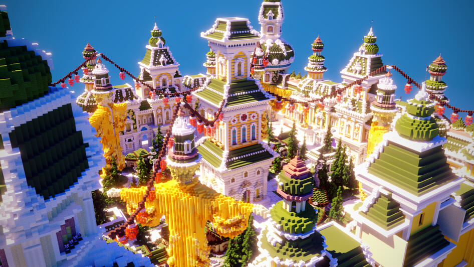 Colorful medieval city celebrating a festive occasion.