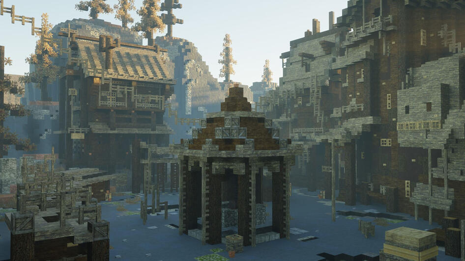 A forgotten village, its buildings crumbling and streets overgrown, a haunting reminder of a lost community.